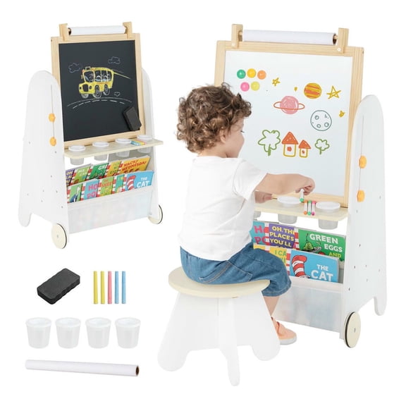 Barara King 4-in-1 Toddler Activity Table Set with Magnetic Whiteboard and Chalk Board, Children's Art Drawing Easel for Living Room, Study Room, Natural