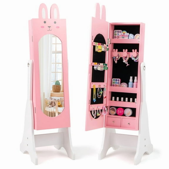 Barara King Kids Jewelry Armoire Cabinet with 2 Tilt Angles,Kids Vanity Dress Up Mirror Jewelry Cabinet with Large Capacity, Kids Jewelry Armoire Cabinet for Living Room, Bedroom, Pink