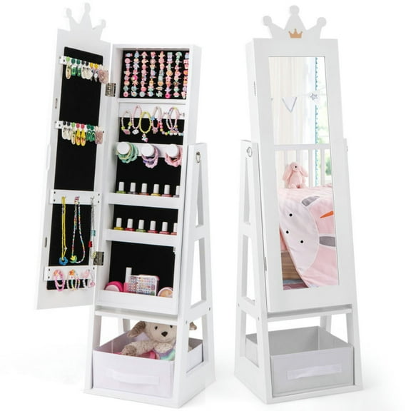 Barara King Kids Jewelry Armoire Cabinet,Kids Vanity Dress Up Mirror Jewelry Cabinet,Free-Standing Full Length Kids Jewelry Armoire Cabinet with Storage Capacity-White