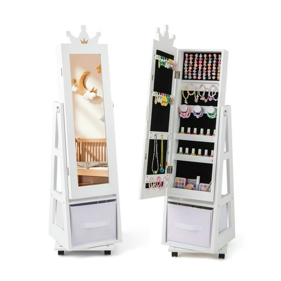 Barara King Kids Jewelry Armoire Cabinet,Kids Vanity Dress Up Mirror Jewelry Cabinet,Kids Jewelry Armoire Cabinet with Swivel Base and Lockable Universal Wheels-White