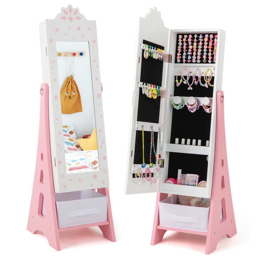 Barara King Kids Jewelry Armoire Cabinet,Kids Vanity Dress Up Mirror Jewelry Cabinet,Kids Jewelry Cabinet with Full-Length Mirror and Foldable Drawer-White