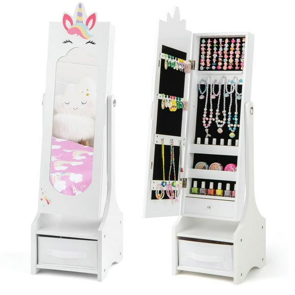 Barara King Kids Jewelry Armoire Cabinet,Kids Vanity Dress Up Mirror Jewelry Cabinet,Kids Jewelry Cabinet with Full-Length Mirror for Kids Bedroom and Playroom-White
