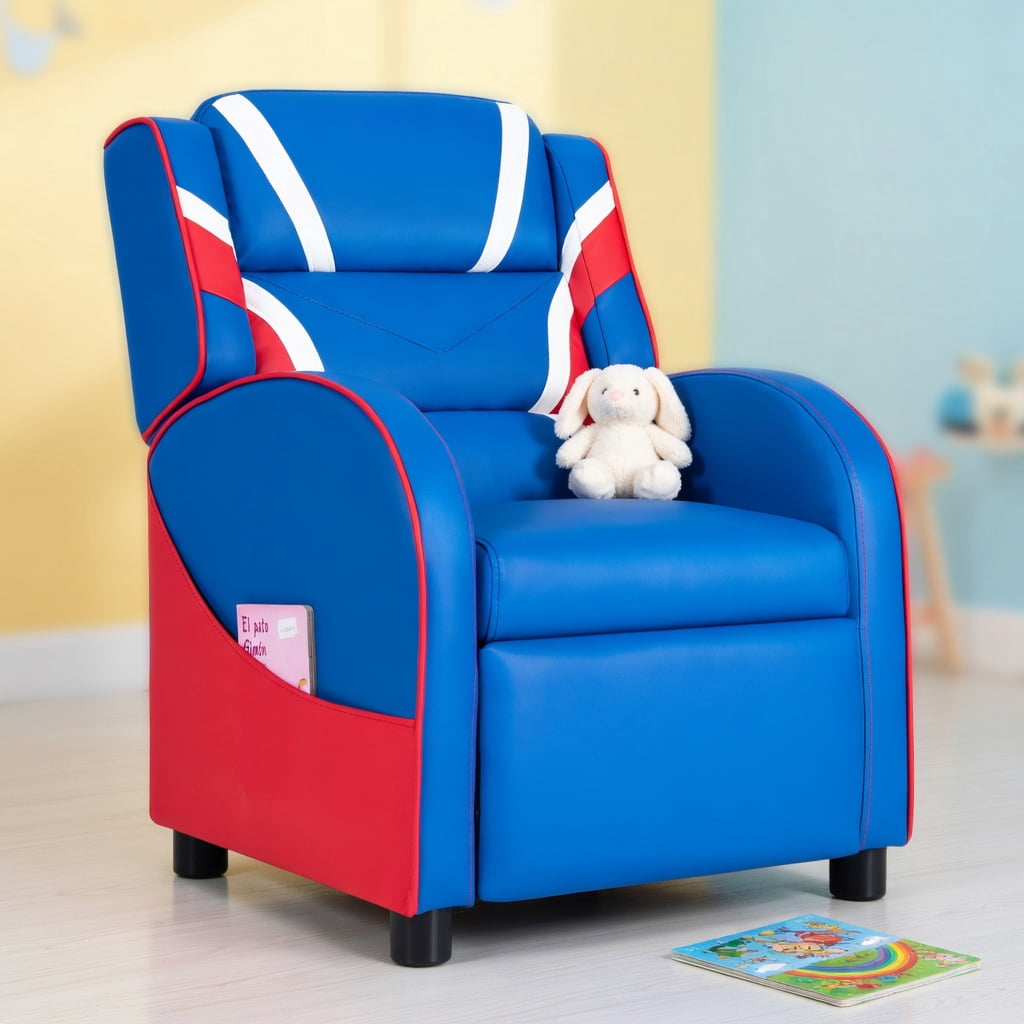 Barara King Kids PU Leather Recliner Chair with Side Pockets, Kids Gaming Sofa Recliner Chair for Living Room, Bedroom, Blue