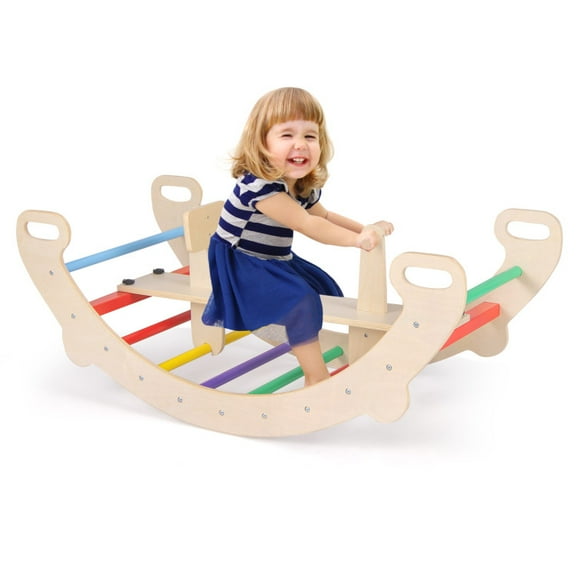 Barara King Kids Slide Rocking Horse Toy,4-in-1 Multifunctional Wooden Climbing Toys with Rocker and Crawling Tunnel-Multicolor