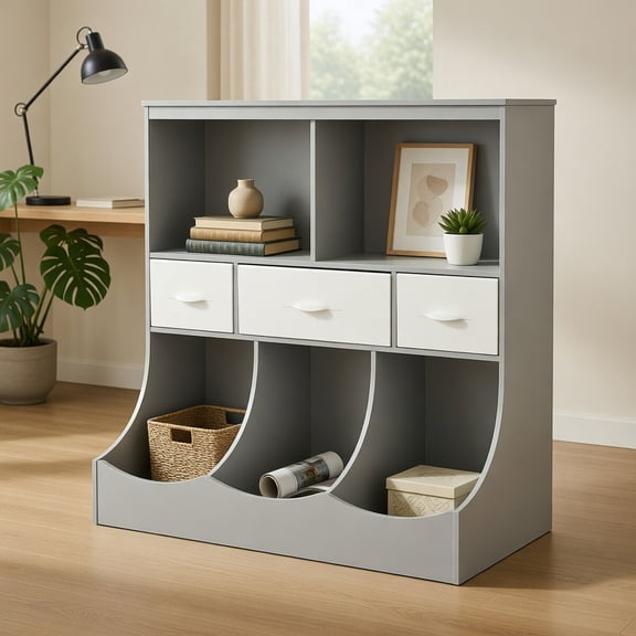 Barara King Kids Storage Unit Bookshelf,Toy Storage Organizer,Freestanding Combo Cubby Bin Storage Organizer Unit W/3 Baskets-Gray