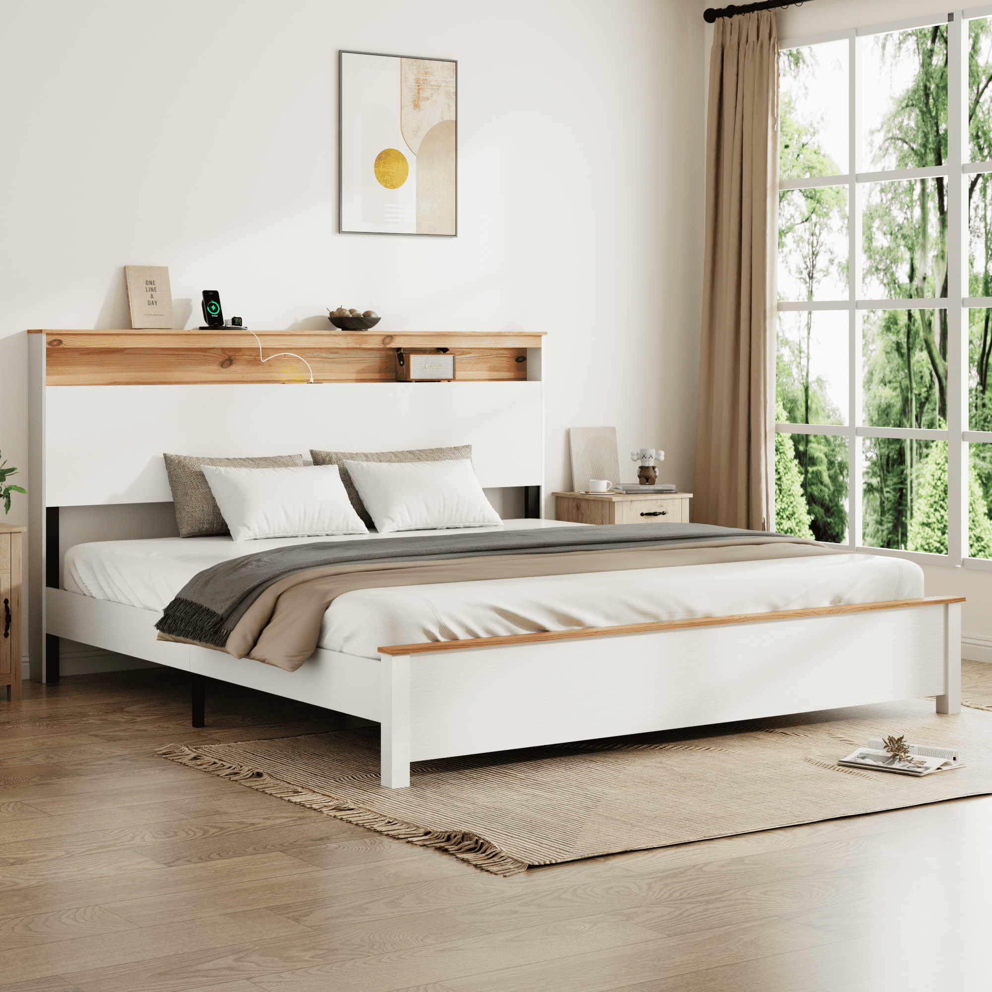 Barara King King Size Rustic Wooden Bedstead with Storage Headboard and ...