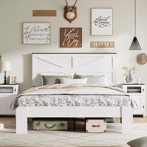 Barara King King Size Wooden Platform Bed Frame with Headboard, NoiseFree Solid Wood Frame, Spacious Underbed Storage, Simple Assembly and No Box Spring Required, White