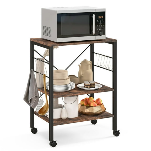 Barara King Kitchen Bakers Rack, Kitchen Microwave Stand, 3-Tier Kitchen Baker's Rack Microwave Oven Storage Cart with Hooks-Rustic Brown