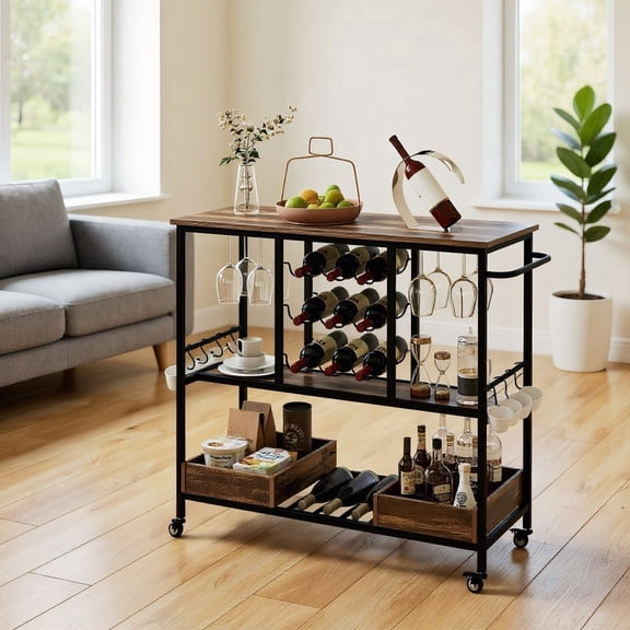 Barara King Kitchen Bakers Rack, Kitchen Microwave Stand, 3 Tiers Bar Cart on Wheels with Glass Racks-Brown