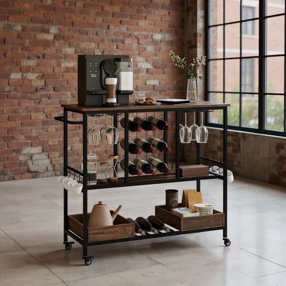 Barara King Kitchen Bakers Rack, Kitchen Microwave Stand, 3 Tiers Bar Cart on Wheels with Glass Racks-Brown