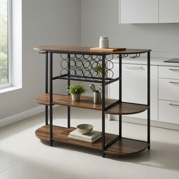 Barara King Kitchen Bakers Rack, Kitchen Microwave Stand, 47 Inches Wine Rack Table with Glass Holder and Storage Shelves-Rustic Brown