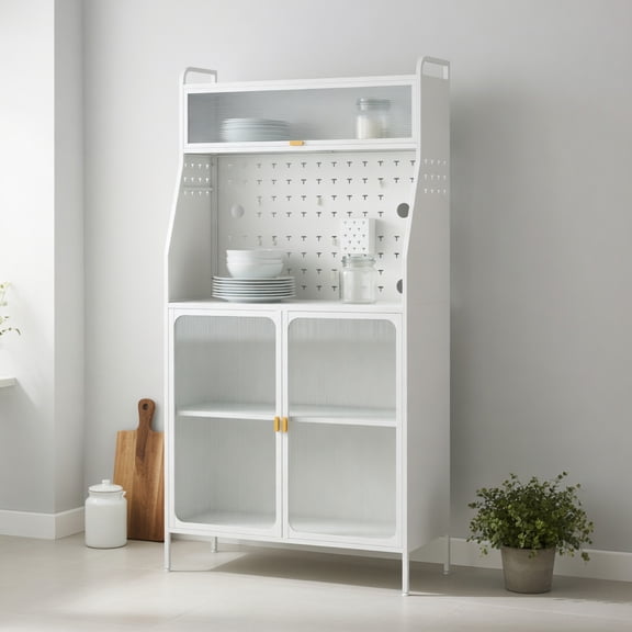 Barara King Kitchen Bakers Rack, Kitchen Microwave Stand, 5-Tier Metal Baker's Rack with See-through Flip-up Door and Pegboard-White
