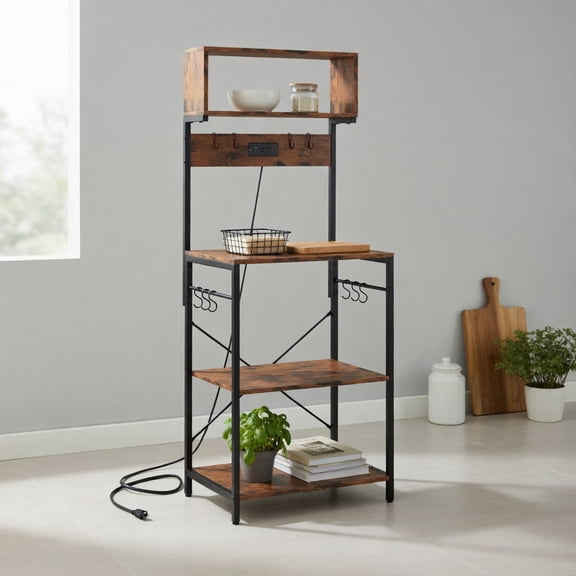 Barara King Kitchen Bakers Rack, Kitchen Microwave Stand, 60 Inch Tall Microwave Stand with Open Shelves and 10 Hanging Hooks-Rustic Brown