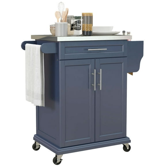 Barara King Kitchen Island,Kitchen Island with Wheels, Rolling Kitchen Island with Storage, Stainless Steel Countertop, Deep Blu