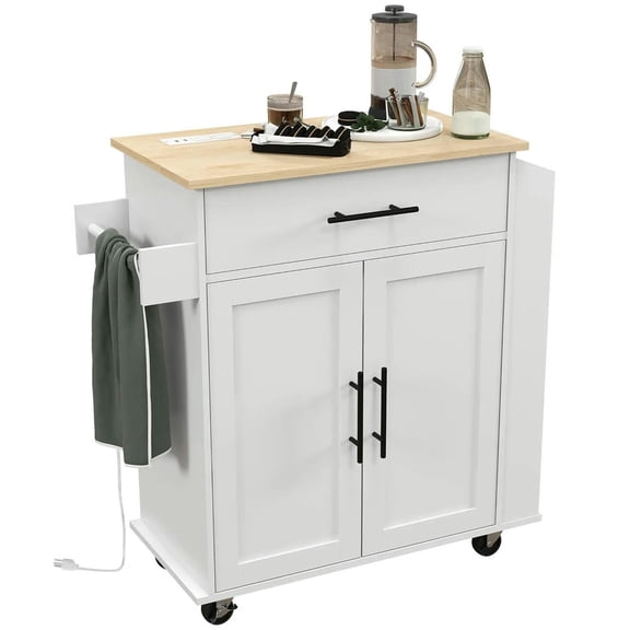 Barara King Kitchen Island, Kitchen Storage Island,Kitchen Island on Rollers with Power Outlets, Drawer, and Doors, White