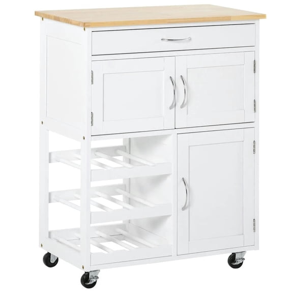 Barara King Kitchen Island, Kitchen Storage Island,Rolling Kitchen Cart, Kitchen Island with Storage Drawer, 9-bottle Wine Rack, Door Cabinets,White