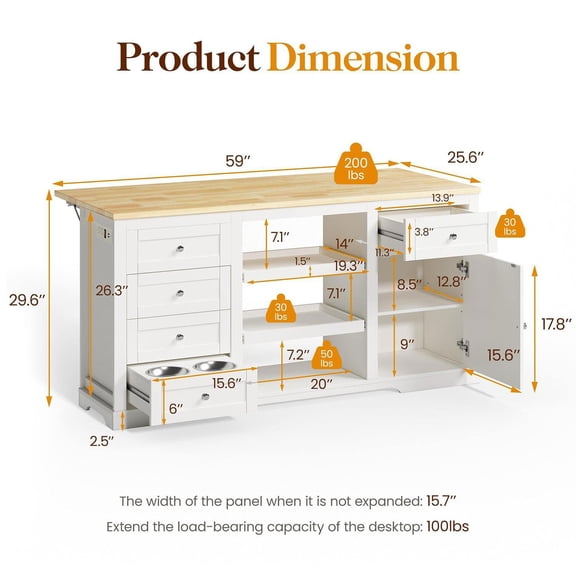 Barara King Kitchen Island with Storage and Drop Leaf, Coffee Station Cabinet with Rubber Wood Top, Pull Out Trays Drawers Adjustable Shelf and Power Outlet for Kitchen Dining Space, White