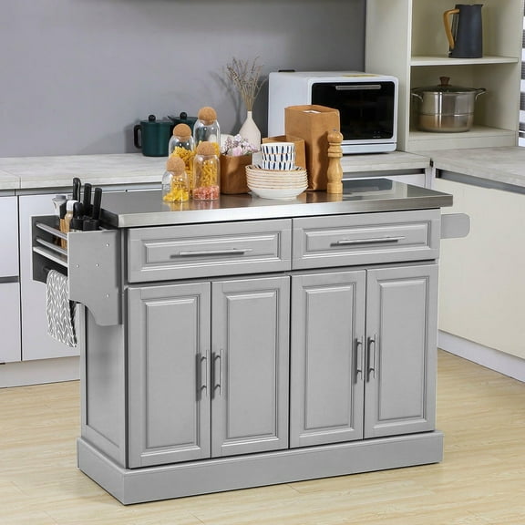Barara King Kitchen Island with Wheels, Kitchen Storage Island with Stainless Steel Top, Adjustable Shelves, 2 Drawers, Spice, Knife and Towel Rack, Gray