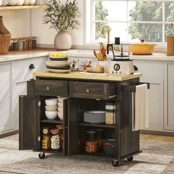 Barara King Kitchen Island with Rubber Wood Top, Kitchen Storage Island with Drawers, Adjustable Shelves, Spice Rack and Towel Rack, Brown Oak