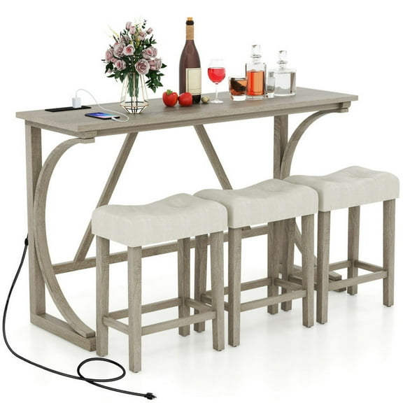 Barara King Kitchen Table Set,Dinner Table Set,4-Piece Bar Table Set with Power Outlet and Upholstered Saddle Seat Stools-Grey and Beige