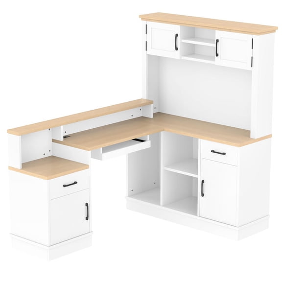 Barara King L Shaped Corner Desk with Electrical Outlet and Drawers for Gaming Setup, Office Study, White