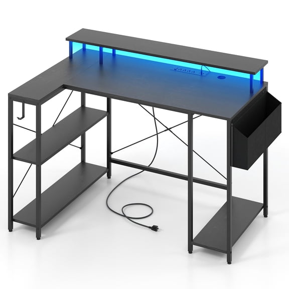 Barara King L-Shaped Home Office Desk with LED Lights and Power Outlets, Computer Desk for Home Office, Living Room, Study Room, Bedroom, Black