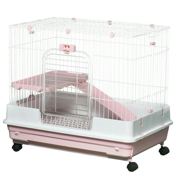 Barara King Large Rabbit Coop, Rabbit Coop, Outdoor Rabbit House,2-Level Small Animal Cage Rabbit Hutch with Wheels, Removable Tray, Platform and Ramp, Pink