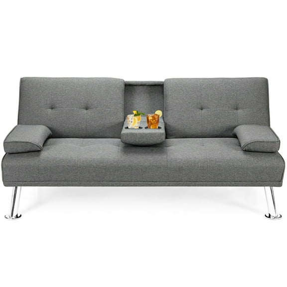 Barara King Loveseat Sofa, Modern Couch, Convertible Folding Futon Sofa Bed Fabric with 2 Cup Holders-Light Gray