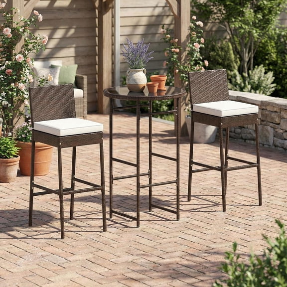 Yardi Yard Metal Patio Bar Furniture with Heavy Duty Frame, Anti Corrosion Metal Structure with 3 Piece Table and Stool Kit for Garden and Terrace Daily Use, White