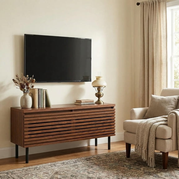 Barara King Mid Century Fluted TV Stand for 40 Inch TV with 2 Hidden Compartments Metal Legs for Living Room Bedroom Media Console Furniture, Walnut