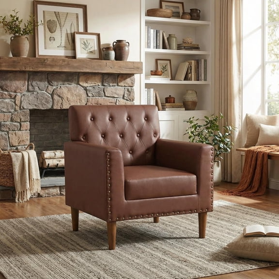 Barara King Mid Century Modern Accent Chair with Button Tufted Design, Accent Rivet Details for Lounge, Living Room, Office Retro Furniture Chair, Brown