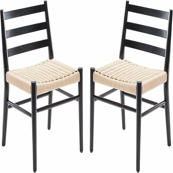 Barara King Mid Century Modern Dining Chairs Set of 2 with Sturdy Metal Frame and Woven Rope Seats for Kitchen and Restaurant Dining Room Use, Beige & Black