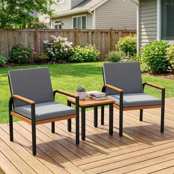 Yardi Yard Minimalist 3-Piece Outdoor Patio Chat Conversation Set with Matching Coffee Table, Weatherproof Wicker Seating for Porch Balcony Backyard Garden Patio, Grey