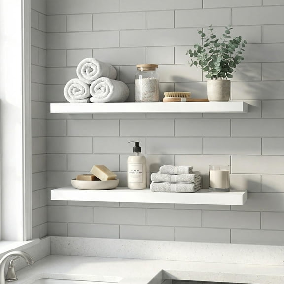 Barara King Minimalist White Floating Shelves Set of 2 with Hidden Mounting Hardware & Heavy-Duty Support for Bathroom, Kitchen and Living Room Storage Display Solutions, White