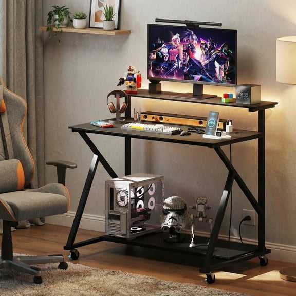 Barara King Mobile Rolling Computer Desk Home Office Workstation with Charging Station & Monitor Shelf Storage for Study Small Space Furniture, Black