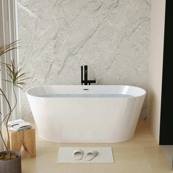 Barara King Modern Soaking Bathtub,Bathtub, 59" Acrylic Freestanding Bathtub, Stand Alone Soaking Tub, Glossy White Acrylic, Toe-tap Chrome Drain