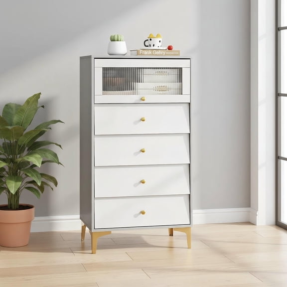 Barara King Modern Storage Cabinet with 4 Drawers and Flip-Up Fluted Glass Door for Bedroom, Entryway, Home Office Organization Furniture, Gray and White