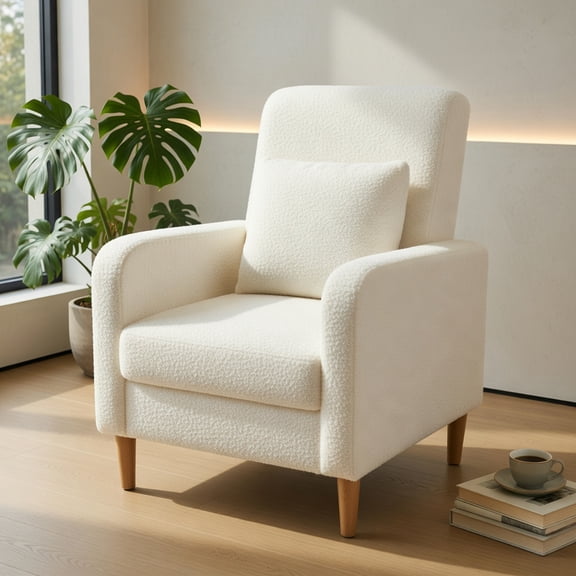 Barara King Modern Upholstered Comfy Arm Chair with Lumbar Pillow and Teddy Fleece Cover, Reading Chair for Living Room, Bedroom, Home Office, White