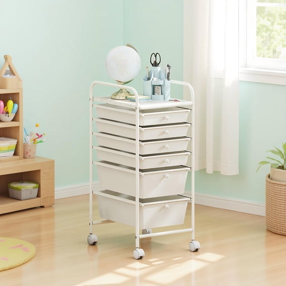 Barara King Multi-Functional 6-Drawer Rolling Storage Cart Versatile Organizer with Durable Rolling Wheels for Home Office School Workshop Utility Use, White