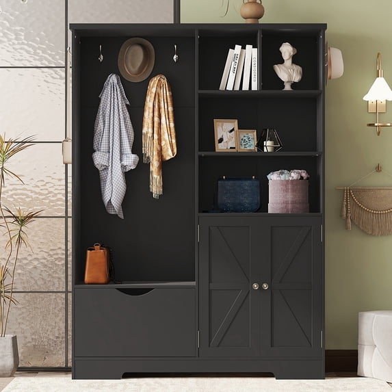 Barara King Multi-functional Hall Tree with Storage Shelves Drawers and Cabinet, Elegant Hallway Shoe Cabinet with Bench, Modern Coat Rack with Hooks for Hallway Entryways, Black