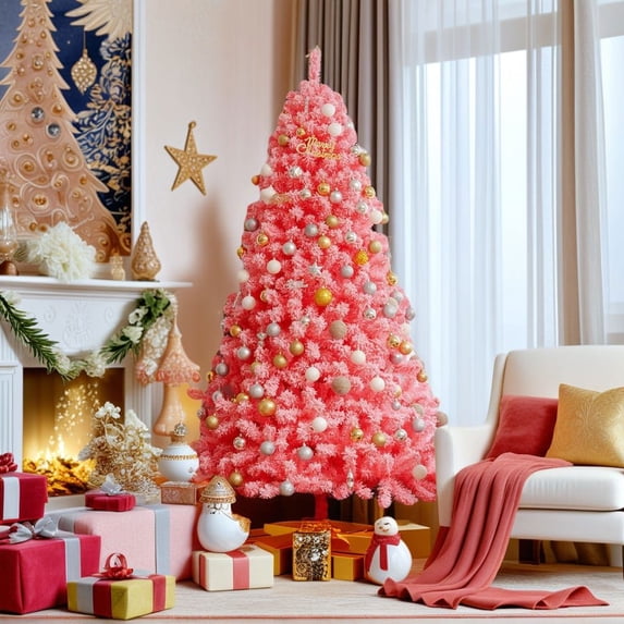 Barara King National Tree, Christmas Tree,Xmas Tree,Pink Christmas Tree with Snow Flocked PVC Tips and Metal Stand-7.5 ft
