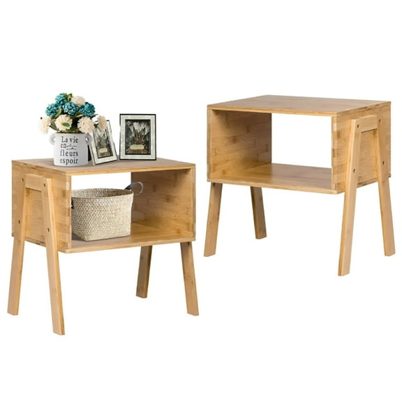 Barara King Nightstand,Coffee Side Table,2 Pieces Bamboo Nightstand Sofa Table with Storage Shelf