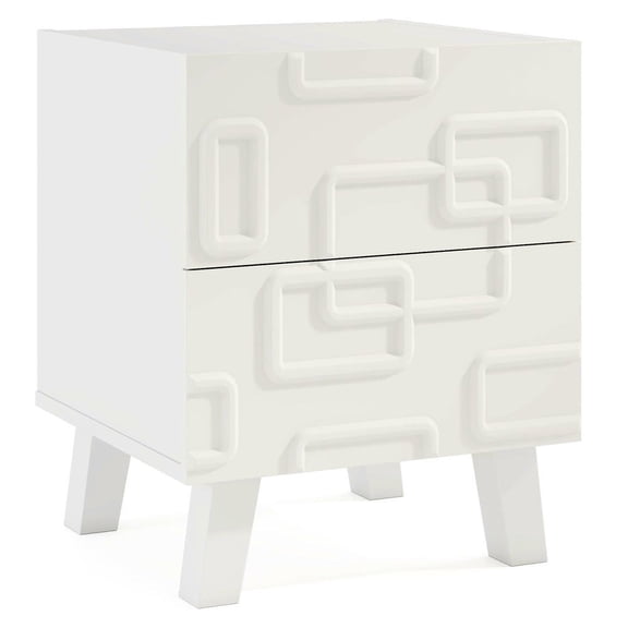 Barara King Nightstand with Drawers and 3D Geometric Patterns, Side Table for Living Room, Bedroom, White