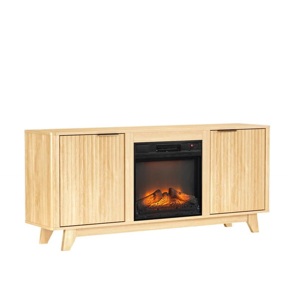 Barara King Oak Fireplace TV Stand with 18 Inch Insert, Embossed Board Media Console with Double Grid Doors and Gold Handles 58 x 13.6 x 25.4 Inch, Oak