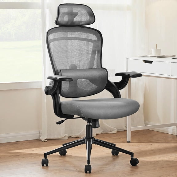Barara King Office Chair with Adjustable Lumbar Support & Headrest and Soft Flip Up Arms, Ergonomic Computer Chair with Adjustable Height and 120Tilt for Living Room, Home Office, Gray