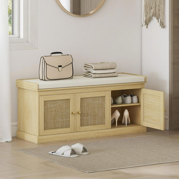 Barara King Ottoman Bench,Bed Bench,Shoe Storage Bench with Woven Rattan Doors, Shoe Bench with Cushion, Adjustable Shelves, Oak Tone