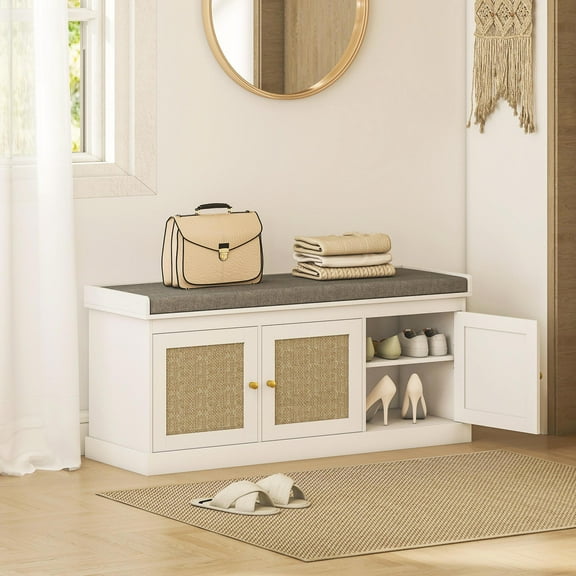 Barara King Ottoman Bench,Bed Bench,Shoe Storage Bench with Woven Rattan Doors, Shoe Bench with Cushion, Adjustable Shelves, White