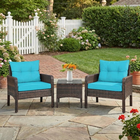 Barara King Outdoor Collection Set, Patio Conversation Table Chair Set, 3 Pcs Outdoor Patio Rattan Conversation Set with Seat Cushions-Turquoise