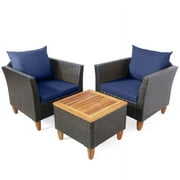 Barara King Outdoor Collection Set, Patio Conversation Table Chair Set, 3 Pieces Patio Rattan Bistro Furniture Set with Wooden Table Top-Navy