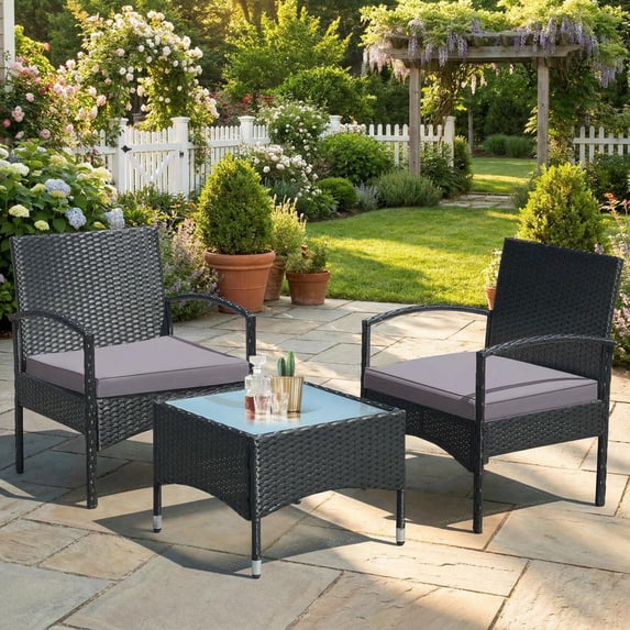 Barara King Outdoor Collection Set, Patio Conversation Table Chair Set, 3 Pieces Patio Wicker Rattan Furniture Set with Cushion for Lawn Backyard-Gray